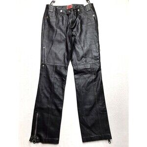 Vtg TOMMY JEANS Red Label Leather Jean Pant Women 11 34x30 Black Rock Star Moto